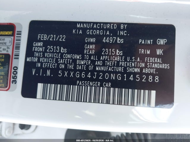 2022 Kia K5 Gt-line მანქანა იყიდება აუქციონზე, vin: 5XXG64J20NG145288, აუქციონის ნომერი: 45123628