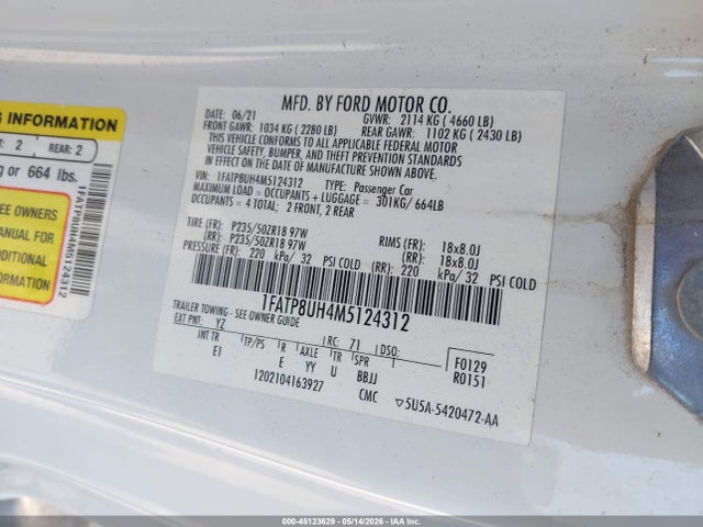 Продажа на аукционе авто 2021 Ford Mustang Ecoboost Premium, vin: 1FATP8UH4M5124312, номер лота: 45123629