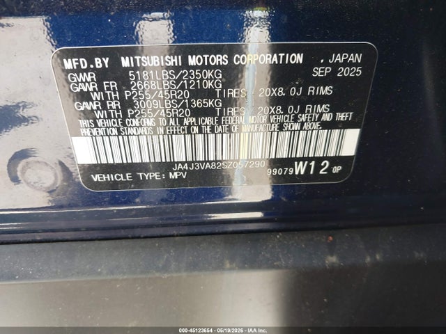 45123654 :رقم المزاد ، JA4J3VA82SZ057290 vin ، 2025 Mitsubishi Outlander Se 2.5 2wd مزاد بيع
