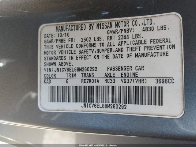 Aukcja sprzedaży 2011 Infiniti G37x, vin: JN1CV6EL6BM260292, numer aukcji: 45123657
