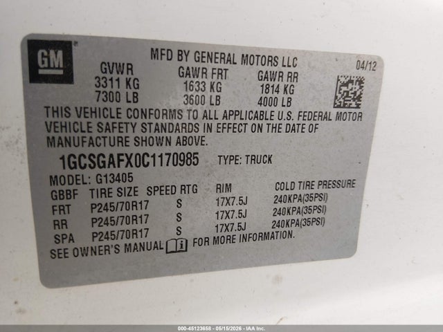 Продаж на аукціоні авто 2012 Chevrolet Express 1500 Work Van, vin: 1GCSGAFX0C1170985, номер лоту: 45123658