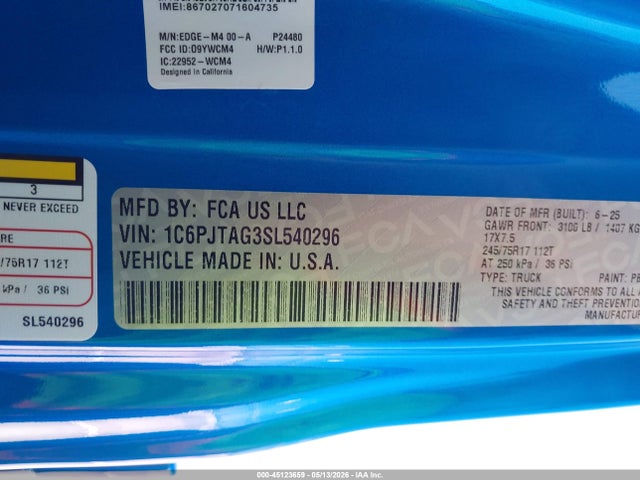 2025 Jeep Gladiator Sport S მანქანა იყიდება აუქციონზე, vin: 1C6PJTAG3SL540296, აუქციონის ნომერი: 45123659
