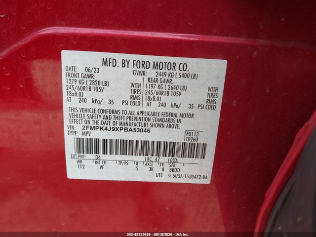 Продажа на аукционе авто 2023 Ford Edge Sel, vin: 2FMPK4J9XPBA53046, номер лота: 45123668