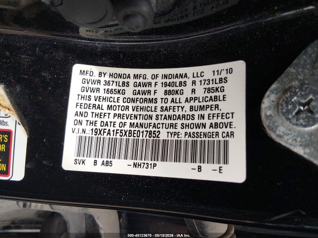 Aukcja sprzedaży 2011 Honda Civic Lx, vin: 19XFA1F5XBE017852, numer aukcji: 45123670