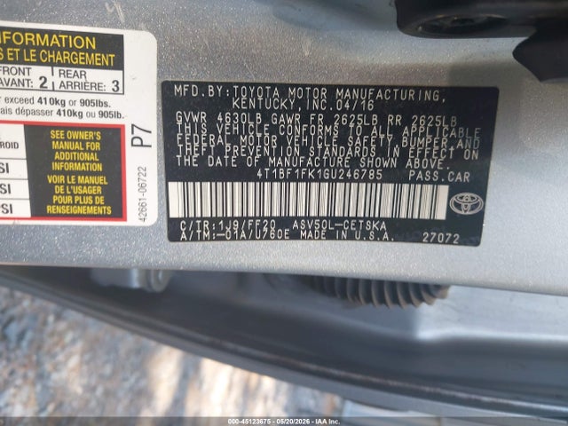 Продажа на аукционе авто 2016 Toyota Camry Se, vin: 4T1BF1FK1GU246785, номер лота: 45123675