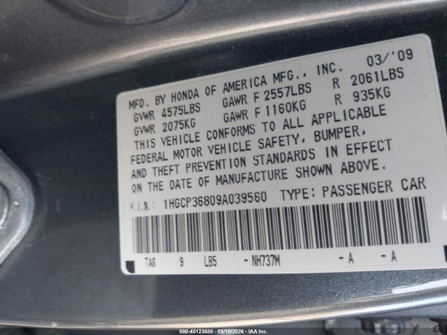 Aukcja sprzedaży 2009 Honda Accord 3.5 Ex-l, vin: 1HGCP36809A039560, numer aukcji: 45123680