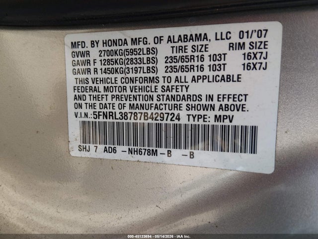 45123694 :رقم المزاد ، 5FNRL38787B429724 vin ، 2007 Honda Odyssey Ex-l مزاد بيع