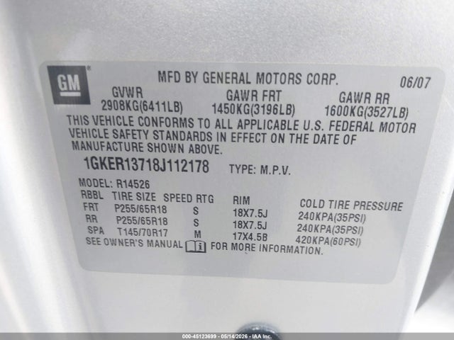 2008 Gmc Acadia Sle-1 მანქანა იყიდება აუქციონზე, vin: 1GKER13718J112178, აუქციონის ნომერი: 45123699