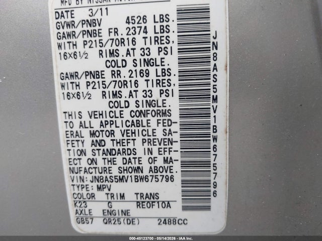 45123700 :رقم المزاد ، JN8AS5MV1BW675796 vin ، 2011 Nissan Rogue S مزاد بيع