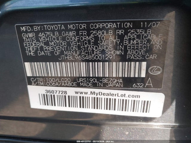 Продажа на аукционе авто 2008 Lexus Gs 460, vin: JTHBL96S485001291, номер лота: 45123701