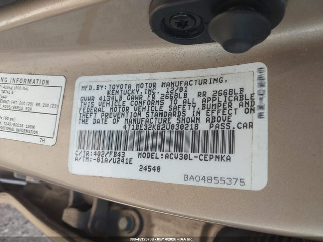 45123708 :رقم المزاد ، 4T1BE32K82U030218 vin ، 2002 Toyota Camry Le مزاد بيع