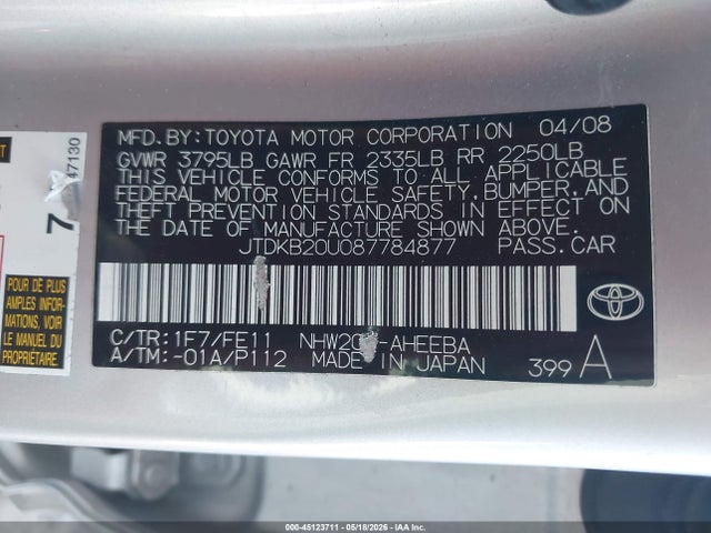 Aukcja sprzedaży 2008 Toyota Prius, vin: JTDKB20U087784877, numer aukcji: 45123711