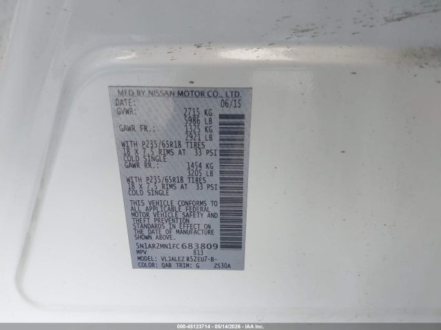 45123714 :رقم المزاد ، 5N1AR2MN1FC683809 vin ، 2015 Nissan Pathfinder Sv مزاد بيع