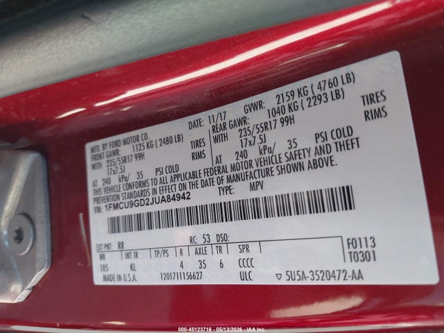 45123716 :رقم المزاد ، 1FMCU9GD2JUA84942 vin ، 2018 Ford Escape Se مزاد بيع