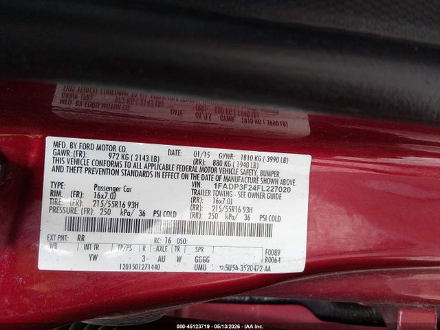 45123719 :رقم المزاد ، 1FADP3F24FL227020 vin ، 2015 Ford Focus Se مزاد بيع