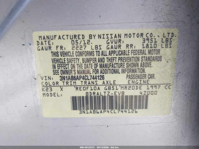 Aukcja sprzedaży 2012 Nissan Sentra 2.0 Sr, vin: 3N1AB6AP4CL744126, numer aukcji: 45123721