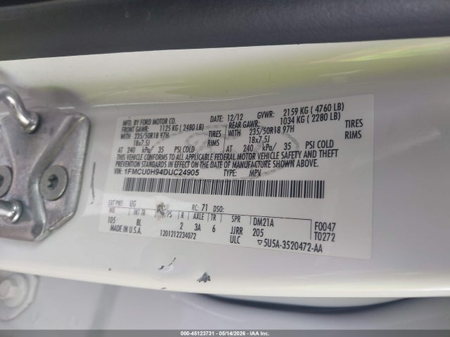 Продажа на аукционе авто 2013 Ford Escape Sel, vin: 1FMCU0H94DUC24905, номер лота: 45123731