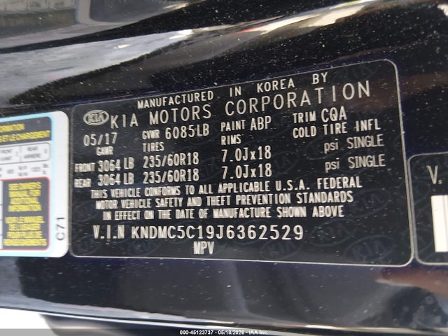 2018 Kia Sedona Ex მანქანა იყიდება აუქციონზე, vin: KNDMC5C19J6362529, აუქციონის ნომერი: 45123737