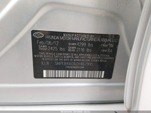 Aukcja sprzedaży 2012 Hyundai Sonata Gls, vin: 5NPEB4AC6CH467995, numer aukcji: 45123743