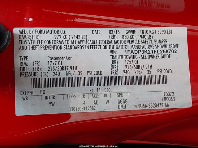 Продаж на аукціоні авто 2015 Ford Focus Se, vin: 1FADP3K21FL258702, номер лоту: 45123748
