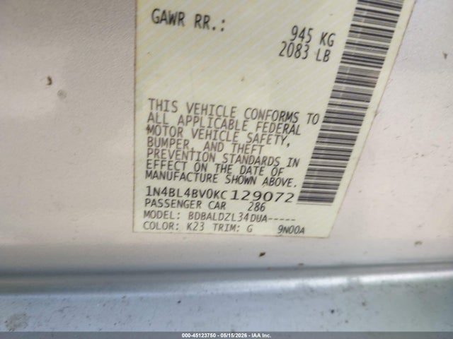 Aukcja sprzedaży 2019 Nissan Altima 2.5 S, vin: 1N4BL4BV0KC129072, numer aukcji: 45123750
