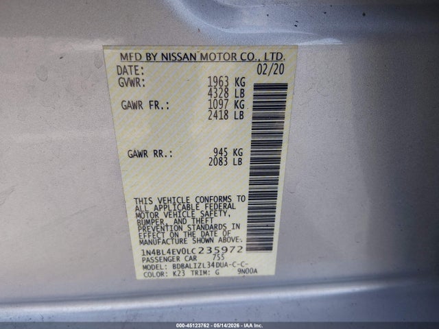 1N4BL4EV0LC235972 Nissan Altima Sl Fwd