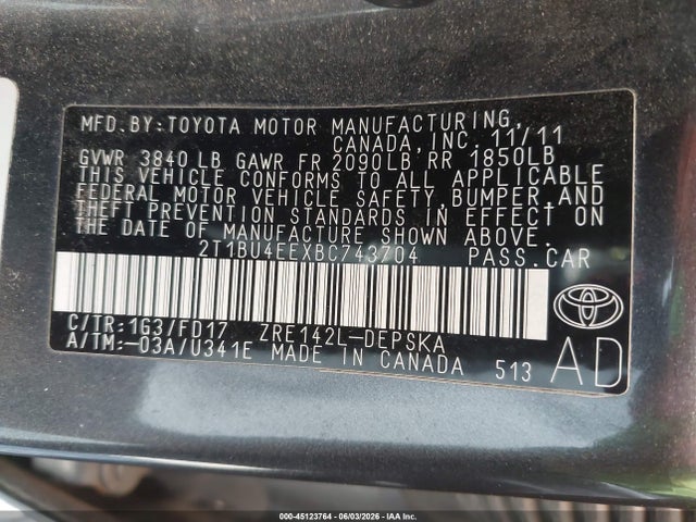 Продаж на аукціоні авто 2011 Toyota Corolla S/le, vin: 2T1BU4EEXBC743704, номер лоту: 45123764