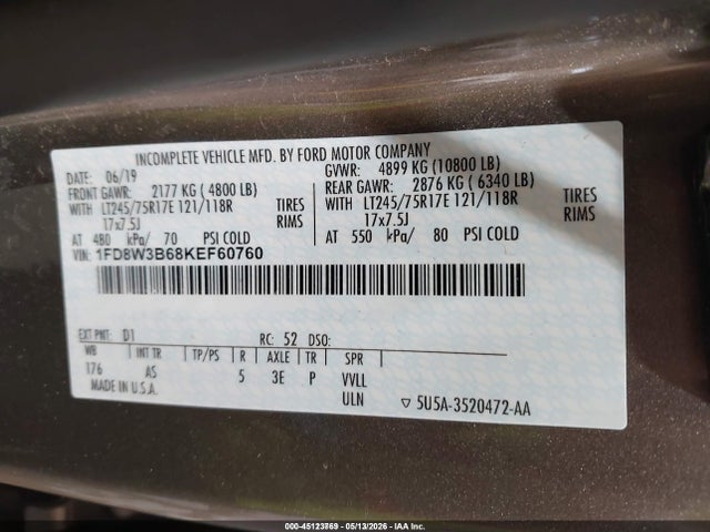 2019 Ford F-350 Xl მანქანა იყიდება აუქციონზე, vin: 1FD8W3B68KEF60760, აუქციონის ნომერი: 45123769