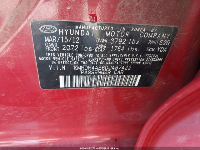 Aukcja sprzedaży 2013 Hyundai Elantra Gls, vin: KMHDH4AE6DU487422, numer aukcji: 45123770
