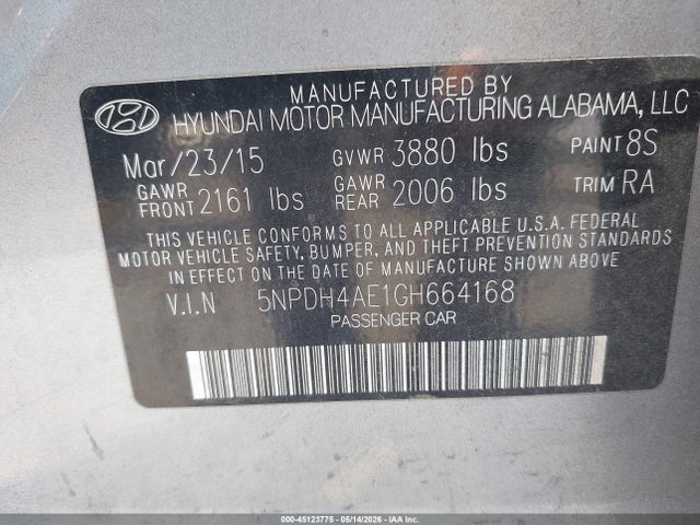 5NPDH4AE1GH664168 Hyundai ELANTRA SE