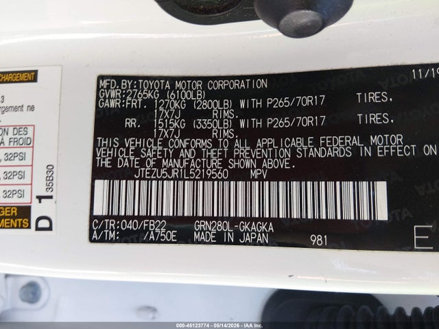 Aukcja sprzedaży 2020 Toyota 4runner Sr5, vin: JTEZU5JR1L5219560, numer aukcji: 45123774
