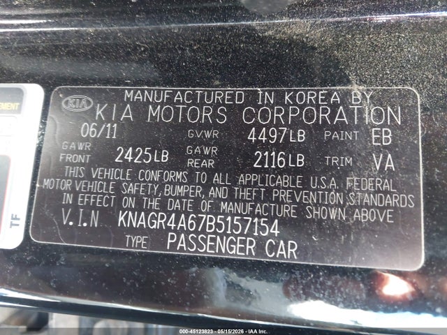 45123823 :رقم المزاد ، KNAGR4A67B5157154 vin ، 2011 Kia Optima Sx مزاد بيع