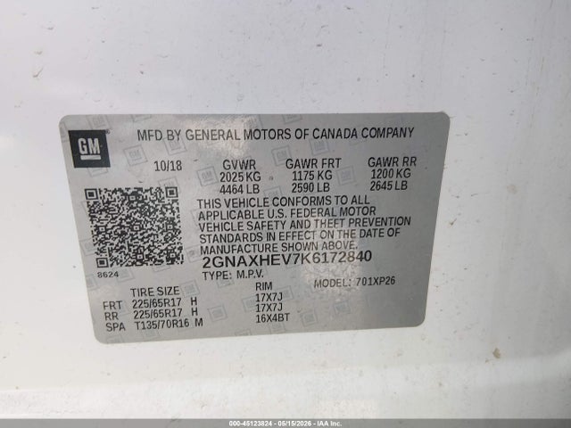 Aukcja sprzedaży 2019 Chevrolet Equinox Ls, vin: 2GNAXHEV7K6172840, numer aukcji: 45123824