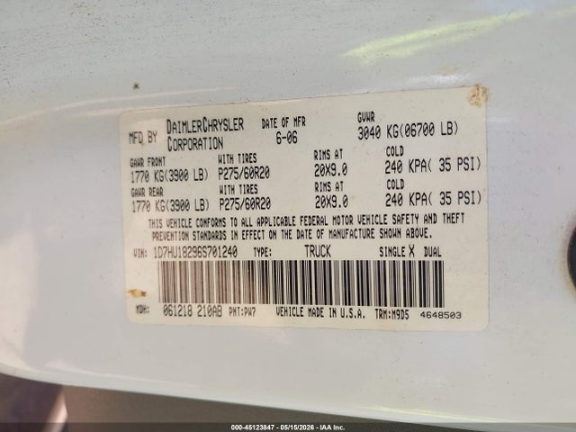 45123847 :رقم المزاد ، 1D7HU18296S701240 vin ، 2006 Dodge Ram 1500 Slt/trx4 Off Road/sport مزاد بيع