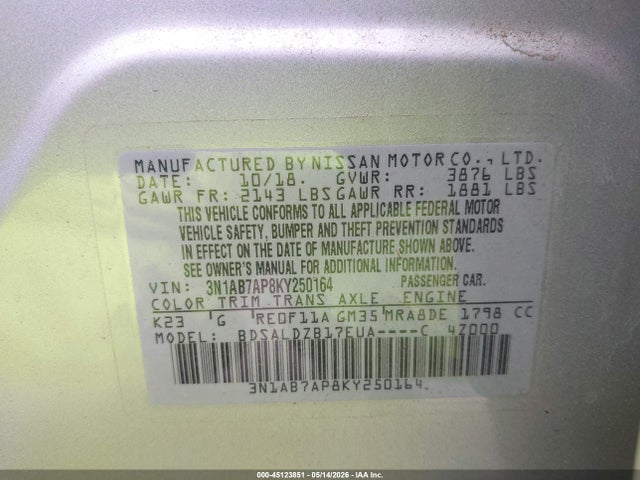 2019 Nissan Sentra Sv მანქანა იყიდება აუქციონზე, vin: 3N1AB7AP8KY250164, აუქციონის ნომერი: 45123851
