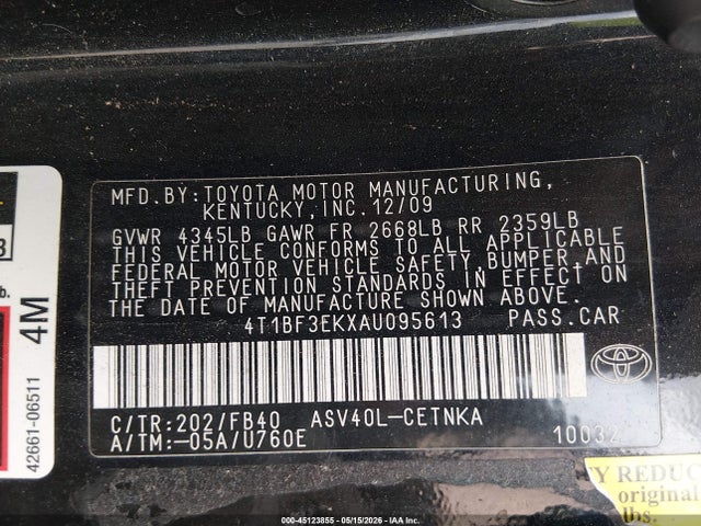 45123855 :رقم المزاد ، 4T1BF3EKXAU095613 vin ، 2010 Toyota Camry Le مزاد بيع