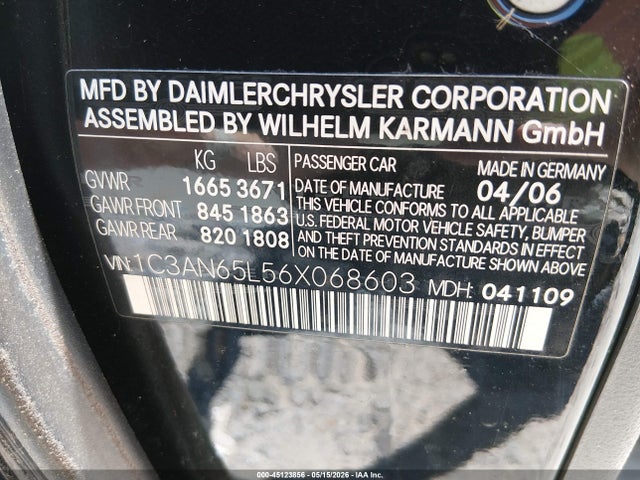 Aukcja sprzedaży 2006 Chrysler Crossfire Limited, vin: 1C3AN65L56X068603, numer aukcji: 45123856