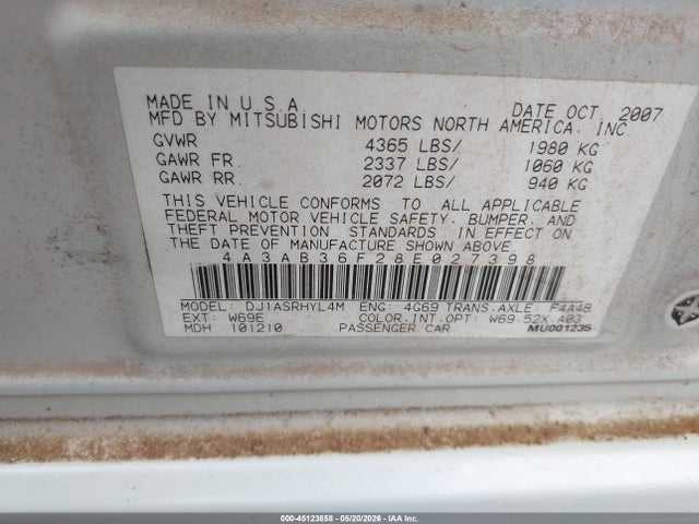Продажа на аукционе авто 2008 Mitsubishi Galant Es, vin: 4A3AB36F28E027398, номер лота: 45123858