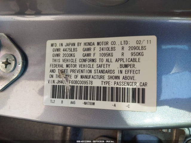 Aukcja sprzedaży 2011 Acura Tsx 2.4, vin: JH4CU2F60BC009578, numer aukcji: 45123864