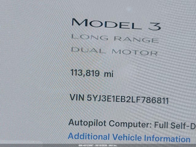 Tesla Model 3 Long Range Dual Motor All-wheel Drive 2020 5YJ3E1EB2LF786811 Image 16