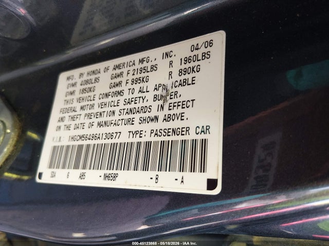 2006 Honda Accord 2.4 Lx მანქანა იყიდება აუქციონზე, vin: 1HGCM56496A130677, აუქციონის ნომერი: 45123868