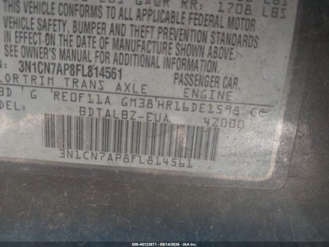 3N1CN7AP8FL814561 Nissan Versa 1.6 Sv