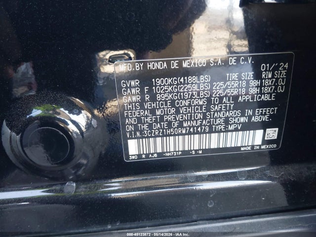 2024 Honda Hr-v 2wd Sport/2wd Sport W/o Bsi მანქანა იყიდება აუქციონზე, vin: 3CZRZ1H50RM741479, აუქციონის ნომერი: 45123872