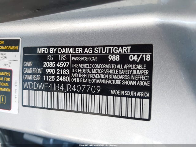 Aukcja sprzedaży 2018 Mercedes-benz C 300, vin: WDDWF4JB4JR407709, numer aukcji: 45123875