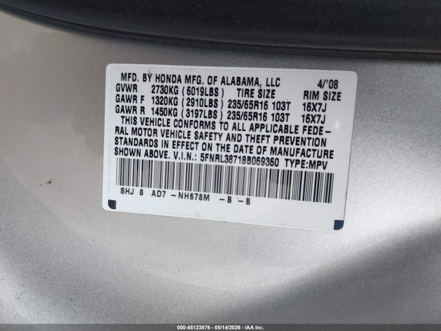 Aukcja sprzedaży 2008 Honda Odyssey Ex-l, vin: 5FNRL38718B069360, numer aukcji: 45123876