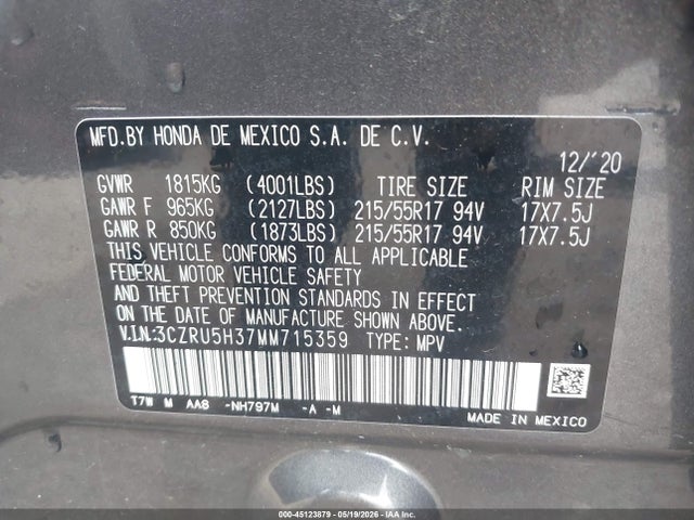 Aukcja sprzedaży 2021 Honda Hr-v 2wd Lx, vin: 3CZRU5H37MM715359, numer aukcji: 45123879
