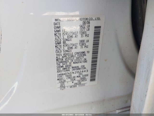 Aukcja sprzedaży 2007 Nissan Titan Xe, vin: 1N6BA07A37N202443, numer aukcji: 45123883