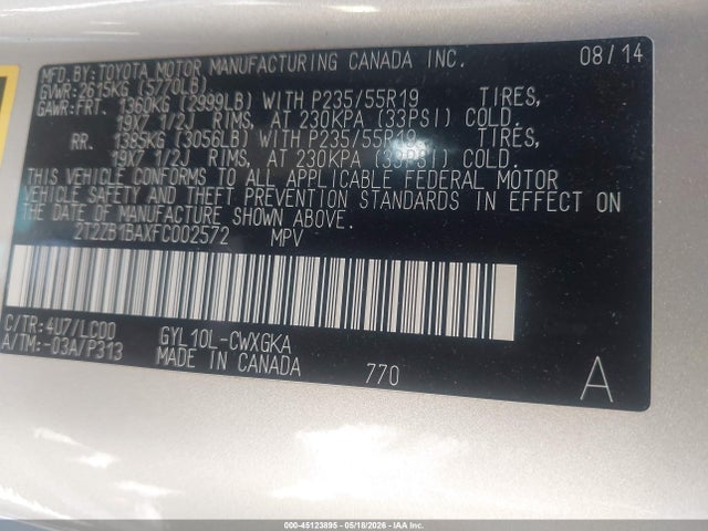 Aukcja sprzedaży 2015 Lexus Rx 450h, vin: 2T2ZB1BAXFC002572, numer aukcji: 45123895