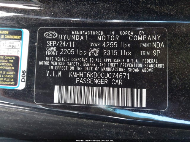 2012 Hyundai Genesis 2.0t მანქანა იყიდება აუქციონზე, vin: KMHHT6KD0CU074671, აუქციონის ნომერი: 45123906