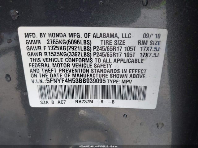 Продаж на аукціоні авто 2011 Honda Pilot Ex-l, vin: 5FNYF4H53BB039095, номер лоту: 45123911